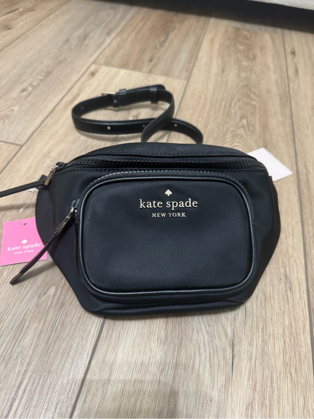 kate spade black leather crossbody belt bag with gold logo